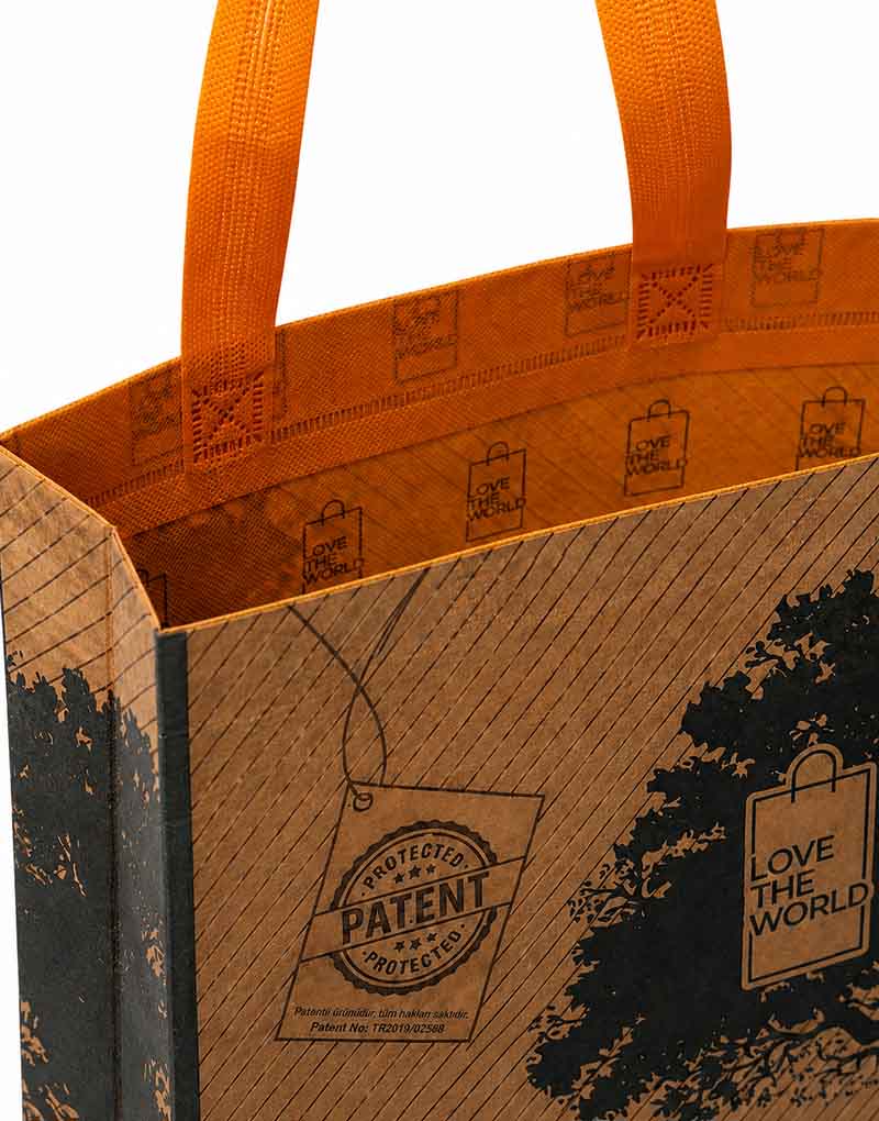 Netpaper nonwoven kraft çantanın perspektif görünümü ve kulp detayı